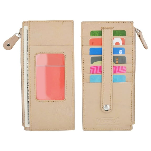 RFID Blocking Leather Women's Stacker Wallet Card Case ID Window Zip Pocket