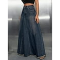 thumbnail image 4 of Women's Retro Distressed High Waist Frayed Hem A Line Wash Maxi Long Denim Skirt with Pockets, 4 of 11
