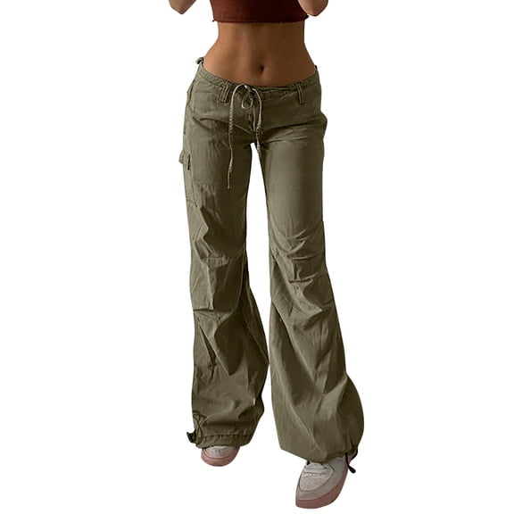 RUTAYY Women's Cargo Pants Solid Color Adjustable Waist Joggers Loose Fit Casual with Drawstring Chic Holiday Trousers