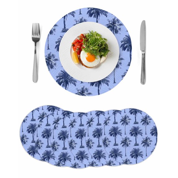 Palm Trees Round 15 Inch Placemats Set of 6, Summer Vintage Tropical Trees Botanical Blue HeatResistant Non Slip Place Mats for Dining Table, Wipeable Braided Kitchen Table Mats for Housewarming