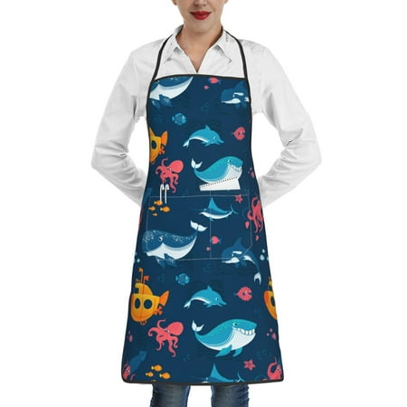 

Qekee Ocean Floor Animals Print Adjustable Bib Apron Resistant with Pocket Cooking Kitchen Aprons for Women Men Server Chef Apron