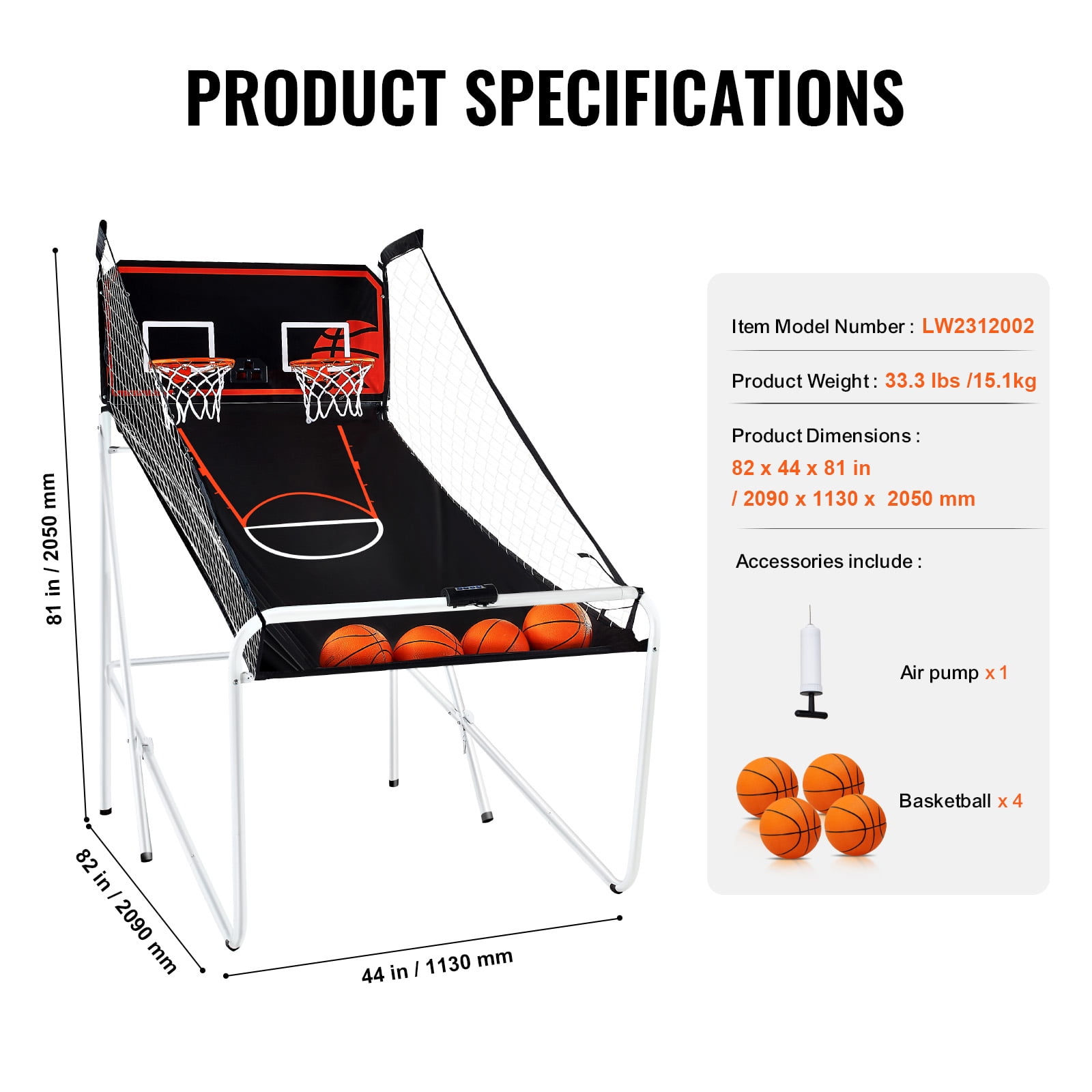 KFFKFF 82" Foldable Electronic Basketball, 2-player Indoor Hoops Challenge Game, Foldable Basketball Arcade Game with 4 Basketballs, 8 Play Styles, Digital Scoring System, and Air Pump