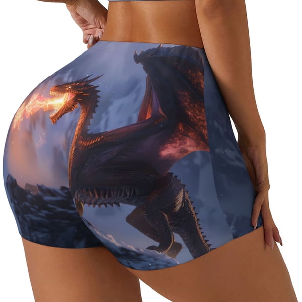 Fotbe Winter Fire Dragon Shorts Sin Costuras – Shorts Deportivos de Cintura Alta para Mujer, Elásticos para Gimnasio, Yoga, Running o Ciclismo-Small