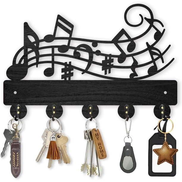 Perchero de pared con notas musicales de 11,8 x 7,9 pulgadas, de madera, para colgar llaves, decoración de pared, 5 ganchos de aleación, color negro, para sombreros y toallas.