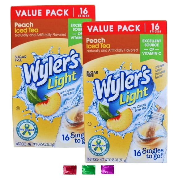 Wyler's Light Peach Iced Tea Singles Powdered Drink Mix, 32 Servings Total 2 Boxes, Sugar Free Low Calorie Hydration Sticks, On-the-Go Beverage with Snoep in Beperkte Oplage