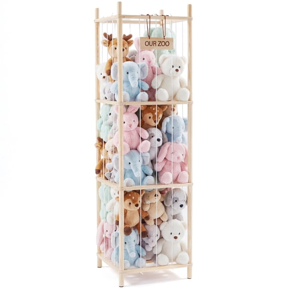 EDX Large Stuffed Animal Storage Organizer for Kids, Wooden Toy Storage Holder, Space Saving Toy Zoo for Playroom, Bedroom, Nursery & Kids Room, Natural