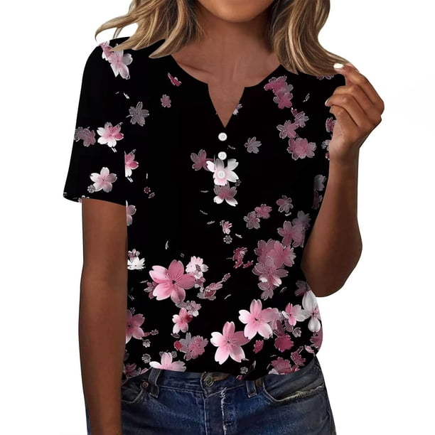 Tops de Manga Corta de las Mujeres Impreso Cuello en V, Suelto Casual Top para el Hogar Y las Actividades Diarias