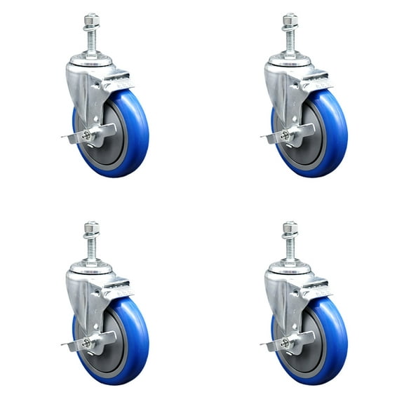 5 Inch Blue Polyurethane Swivel 3/8 Inch Threaded Stem Caster Set with Brake