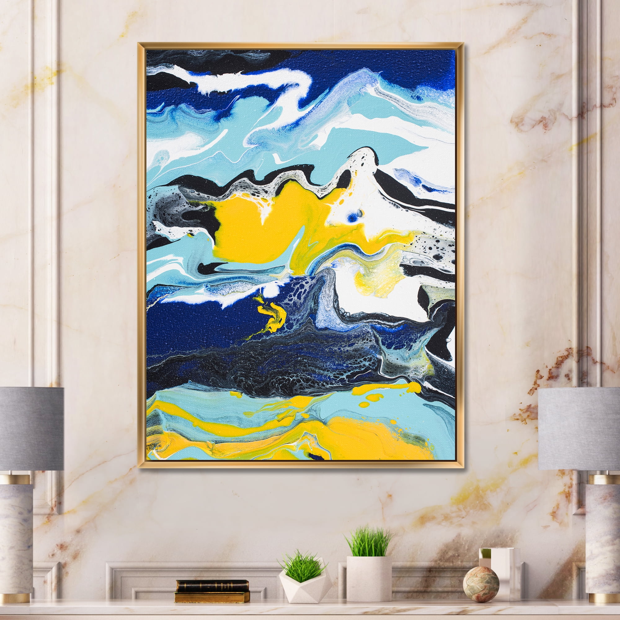 Abstract Marble Composition In Blue and Yellow II 12 in x 20 in Framed Painting Canvas Art Print, by Designart