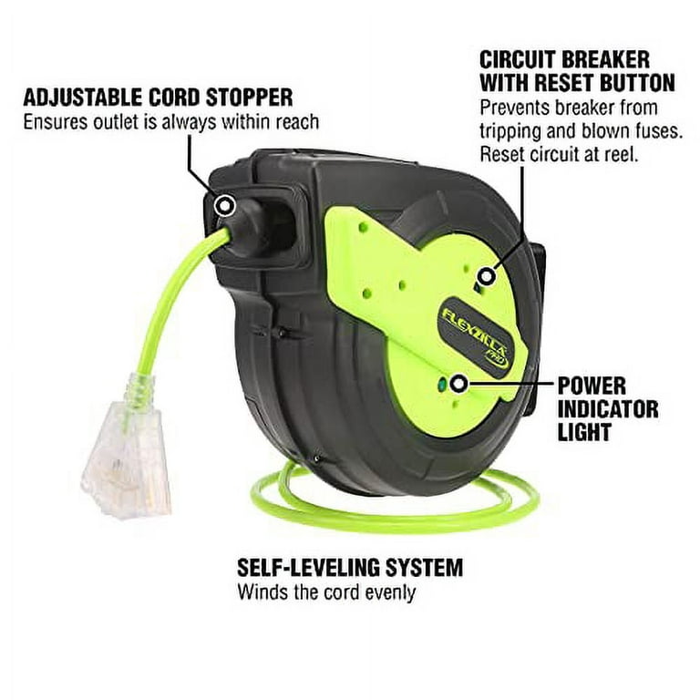 Flexzilla® Pro Retractable Extension Cord Reel, 60', 12/3 AWG SJTOW,  Grounded Triple Tap Outlet, Indoor/Dry Locations, ZillaGreen™