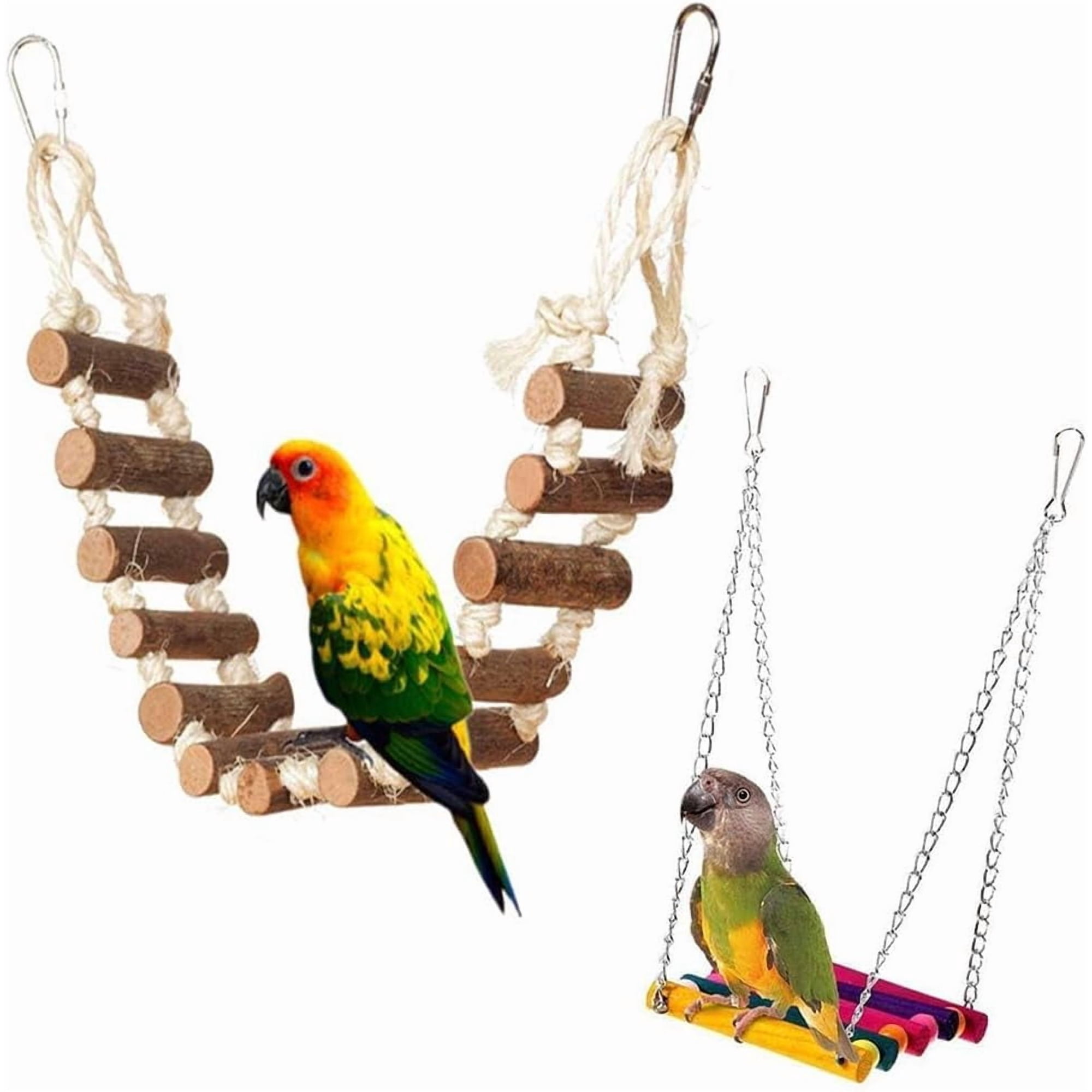 Bird Parakeet Toys, Bird Rope Ladder Swing Hammock Toys, Made of Natural Wood and Rope, Parakeet Cage Accessories for Parrot Budgie Conure Cockatiel (2 PCS)