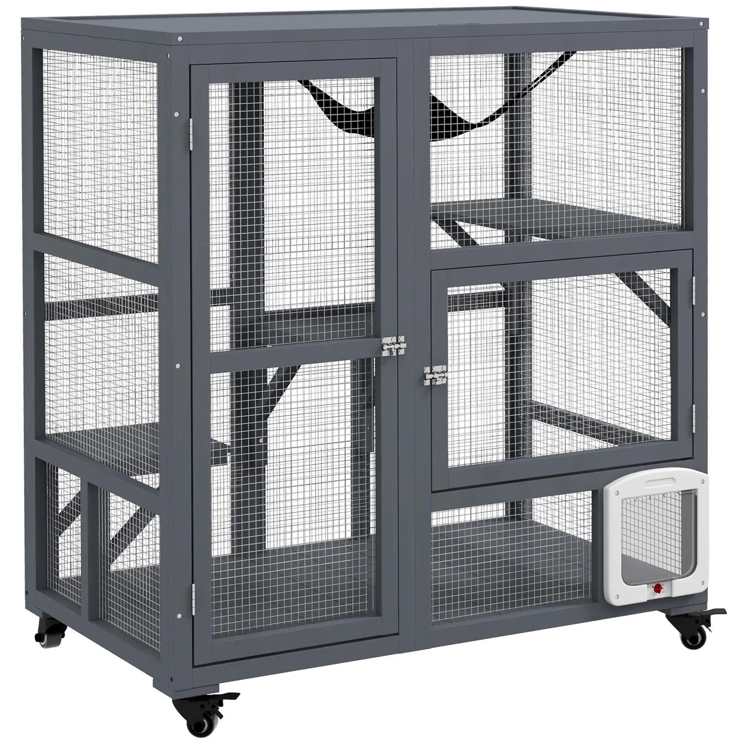 Pefilos 39" Outdoor Weatherproof Cat Cage with Openable Top, Wooden Feral House for 2-3 Kittens Cats, Indoor Cat Enclosure on Wheels, Gray