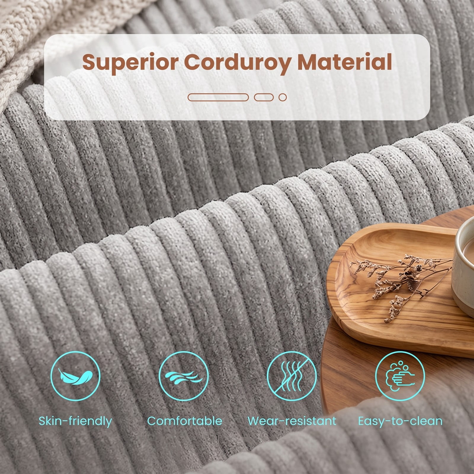 Furnibear Bean Bag Chair for Adults, Corduroy Lazy Lounger Accent Sofa with Soft Sponge Filling, Skin-Friendly Cover, Ergonomic Reading Gaming Seat for Bedroom, Gray