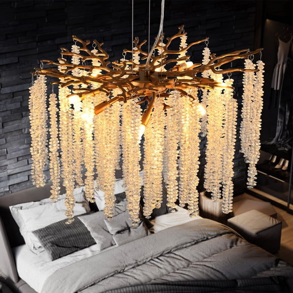 39-inch Modern Golden Pendant Light with Cascading Crystal Strands  Ideal for Living Room  Dining Room and Foyer  High-End Decorative Lighting Fixture (Bulb Not Included)