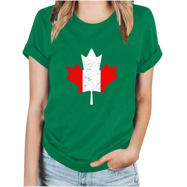 FAIWAD T-Shirt d'Été pour Femmes de la Fête du Canada, Léger, à Manches Courtes, Col Rond, T-Shirts Hauts, Imprimé Graphique, Blouses de Détente Basiques
