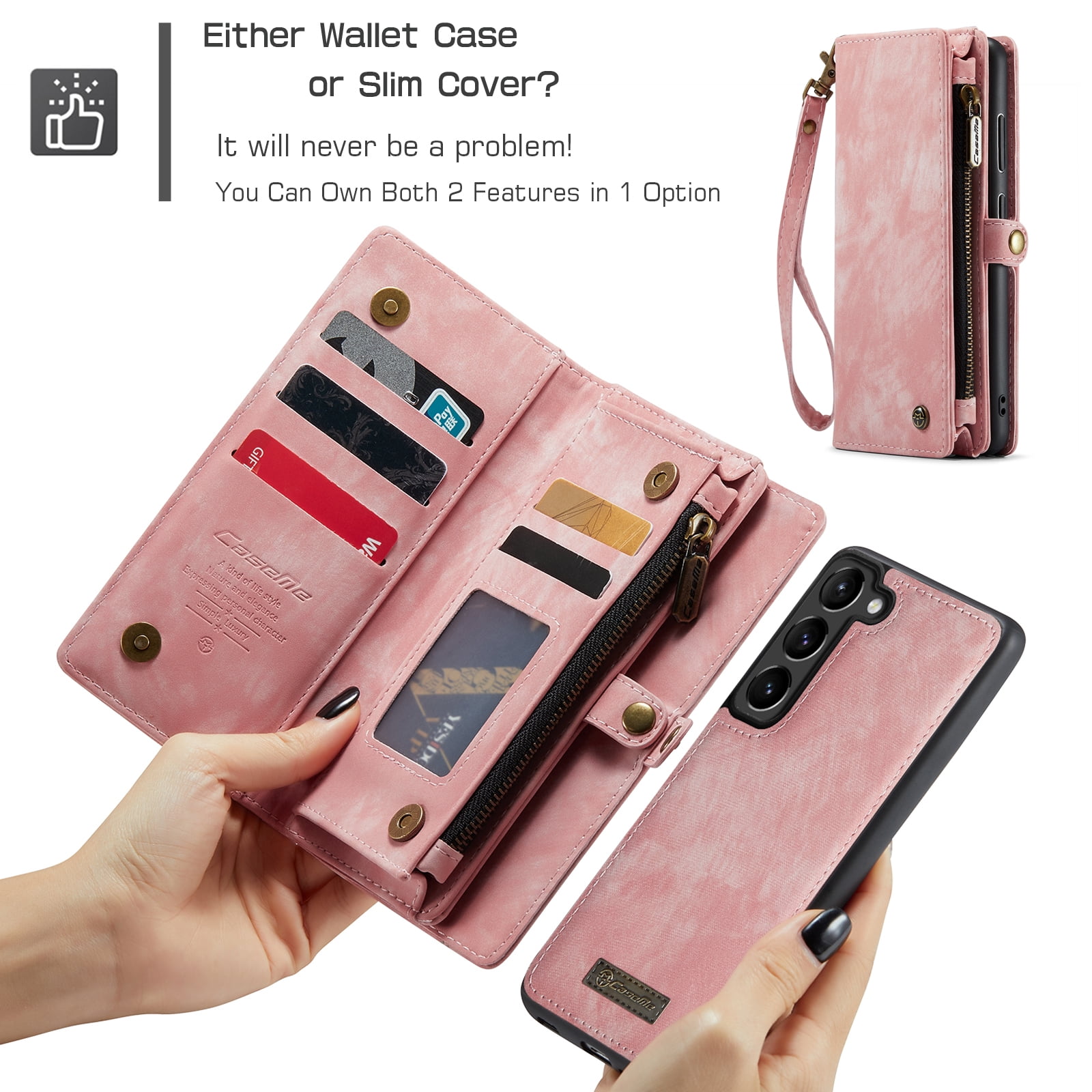 Allytech Magnetic Detachable Wallet Case for Samsung Galaxy A16 5G with Card Slots & Zipper Pocket, Support Wireless Charging, PU Leather Wrist Strap Shockproof Full Protection Flip Case, Pink