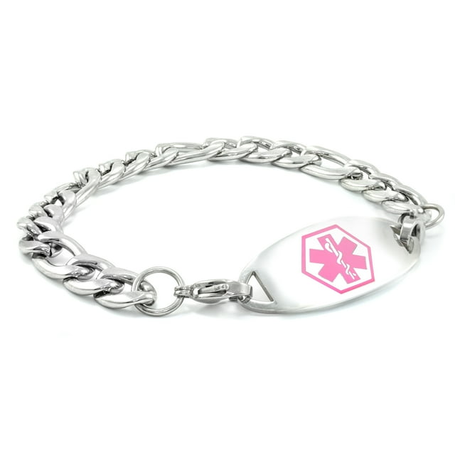 MedicEngraved Bracelet à Maillons Figaro 9 mm en Acier Inoxydable 316L pour Chirurgie avec Étiquette Médicale en Émail - Gravure Médicale Incluse