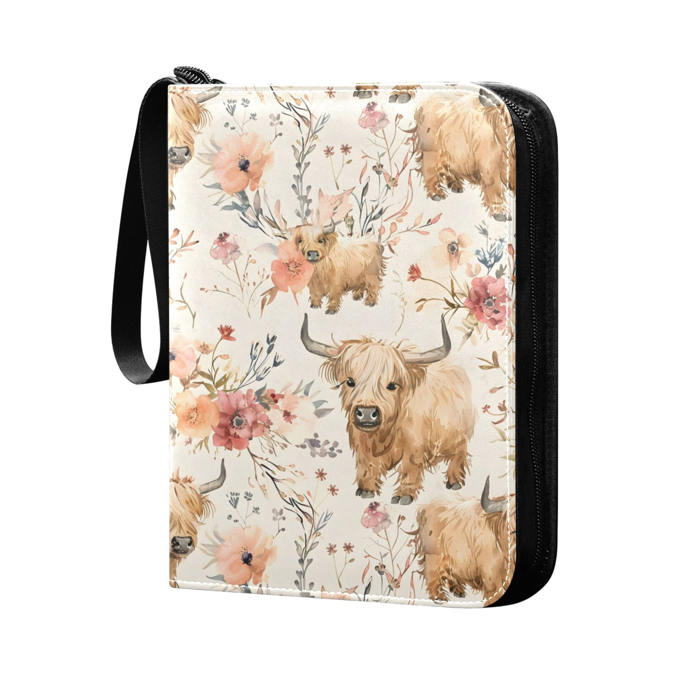 ALAZA Highland Cattle Floral Trading Card Binder 4 Pocket Cards Collection Album 400 Folder Holder