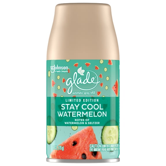 Glade Automatic Spray Refill, Automatic Air Freshener, Stay Cool Watermelon Scent, Infused with Essential Oils, Spring Limited Edition Fragrance, Positive Vibes Collection, 6.2 oz