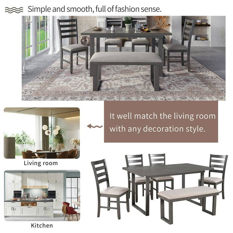 6 Piece Dining Table Sets, Modern 6 Person Dining Set with 1 Wood Dining  Table and 4 Chairs & Bench for Dining Room, Kitchen, Family Furniture Set  of 6, Grey - Walmart.com