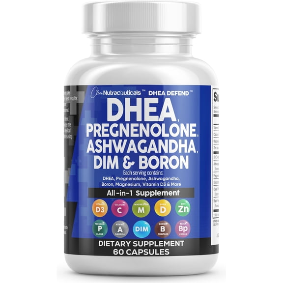 DHEA 200mg Supplement Pregnenolone 100mg for Men & Women with DIM Ashwagandha Boron 6mg Complex Calcium Magnesium Zinc 50mg Vitamin D3 5000 IU Hormone Support Capsules Pills Made in USA 60 Count