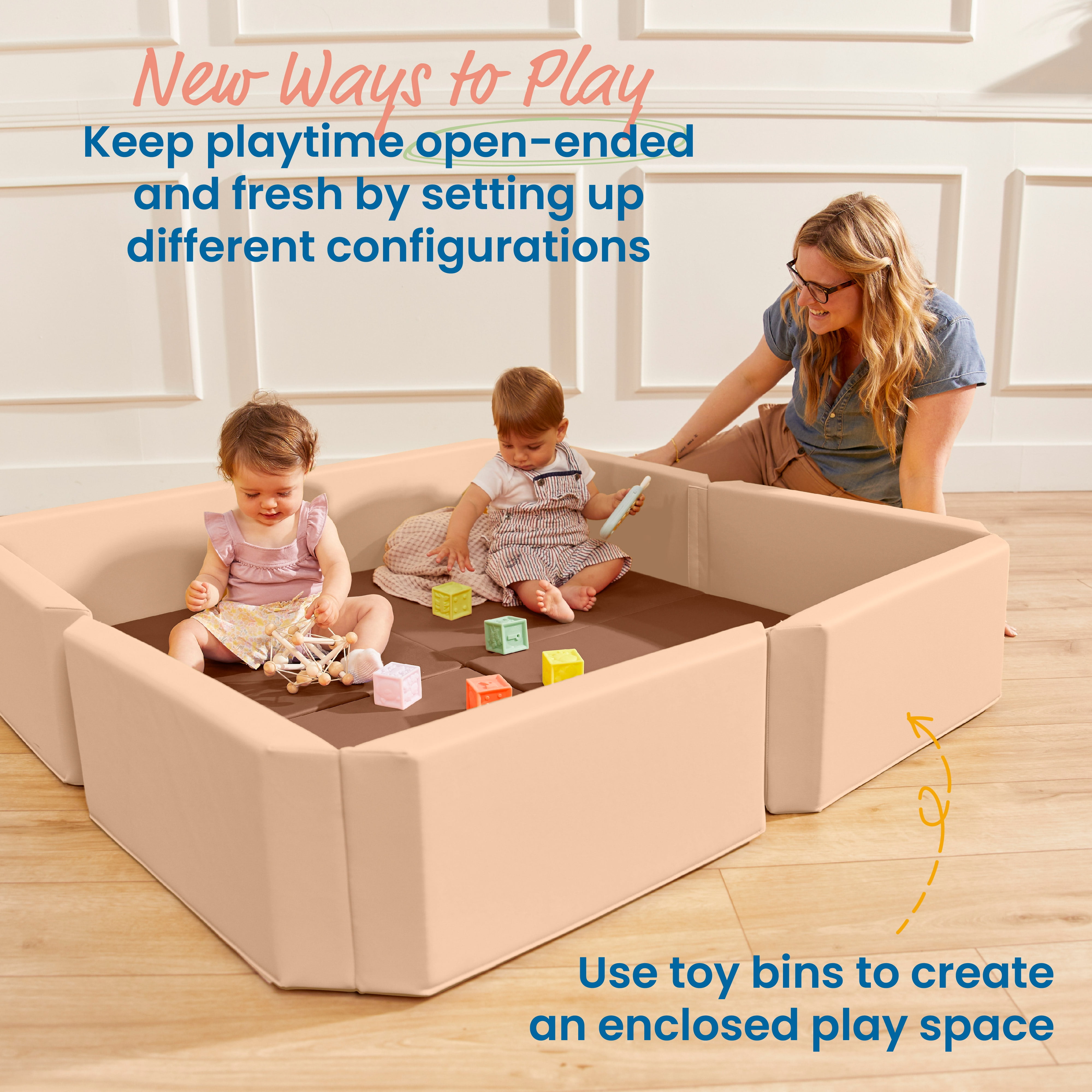 ECR4Kids SoftZone Play Patch Activity Mat and Toy Bins, Beginner Playset, Earthtone, 6-Piece