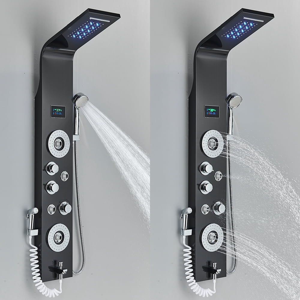 Black LED Shower Panel Tower Rain Shower System Massage Body Jets Faucet Mixer