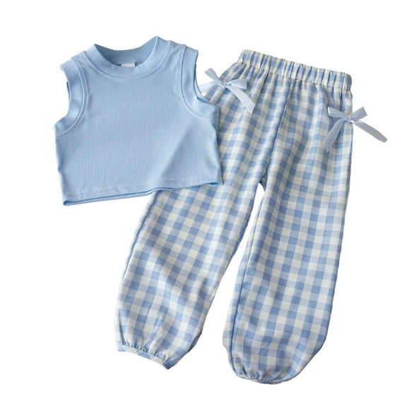 Baby Outfits Girl Summer Toddler Sleeveless Ribbed Vest T Shirt Tops Bowknot Plaid Pants Outfits Summer Baby Girl Clothes Blue 2 Years-3 Years