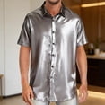thumbnail image 5 of Jkung Men Shirt Lapel Short Sleeve Buttons Placket Shirt Tops Glossy Design Loose Fit Solid Color Night Club Shirt Daily Wear, 5 of 7