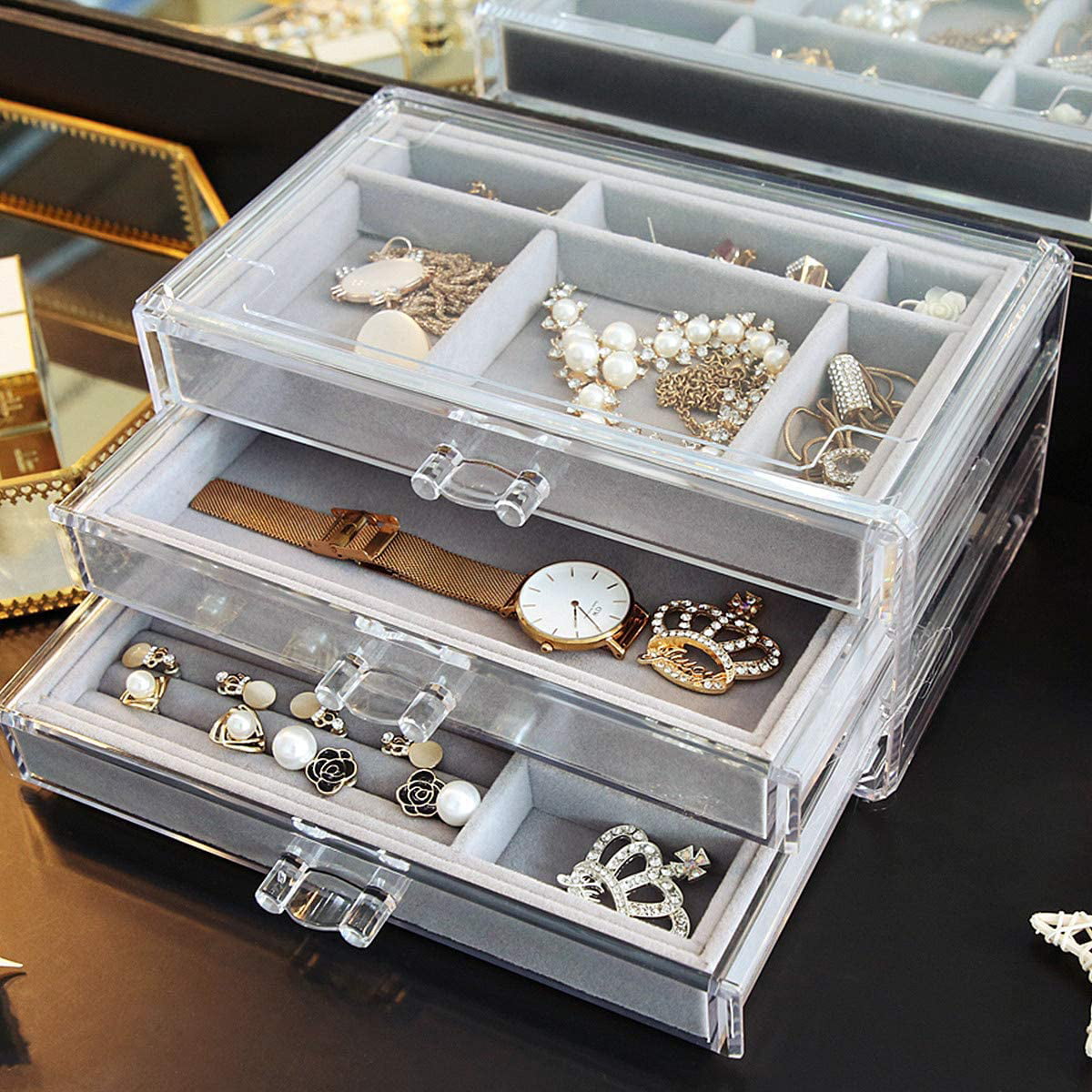 Huang Acrylic 3 Drawer Jewelry Box - Clear