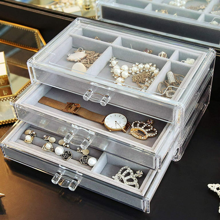 Homgreen Jewelry Box 3 Drawers, Velvet Jewellery Organizer, Earring Rings  Necklaces Bracelets Display Case Gift for Women, Girls 