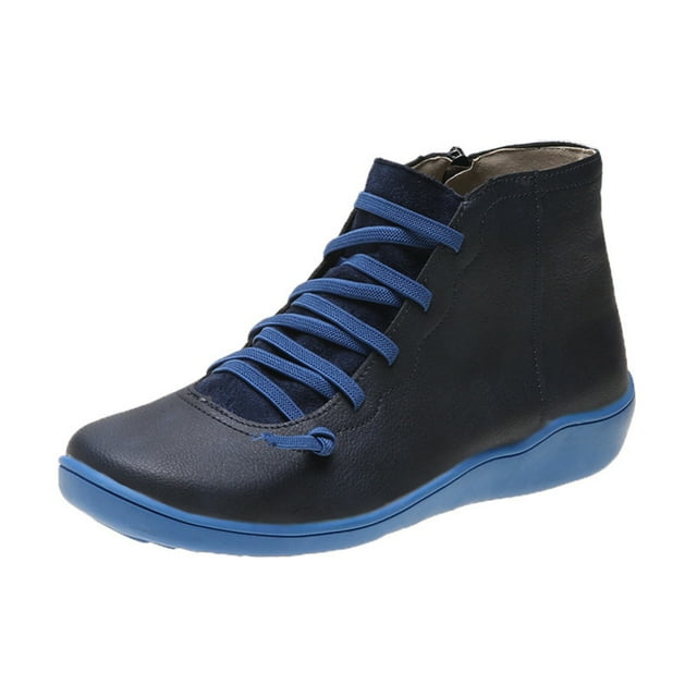 Funie Bottines en Faux Cuir à Lacets pour Femmes Automne Hiver Bout Rond Chaussures à Fermeture Éclair