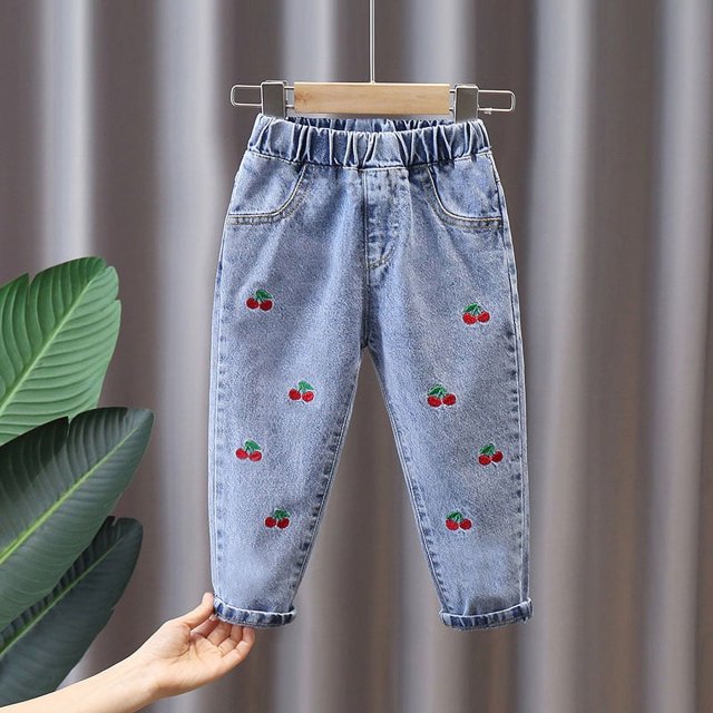 Kids Girl Jeans Floral Cartoon Long Pants Spring Autumn Graffiti Painting Trousers