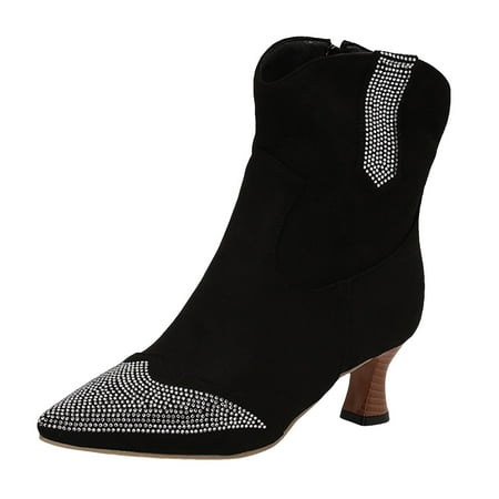 

DVKOVI Cute Country Concert Outfits Womens Mid Calf Boots Women s Retro Solid Suede Rhinestone Pointed Toe Heel Fashion Ankle Boots Low Heel Cowboy Boots for Women Black 42