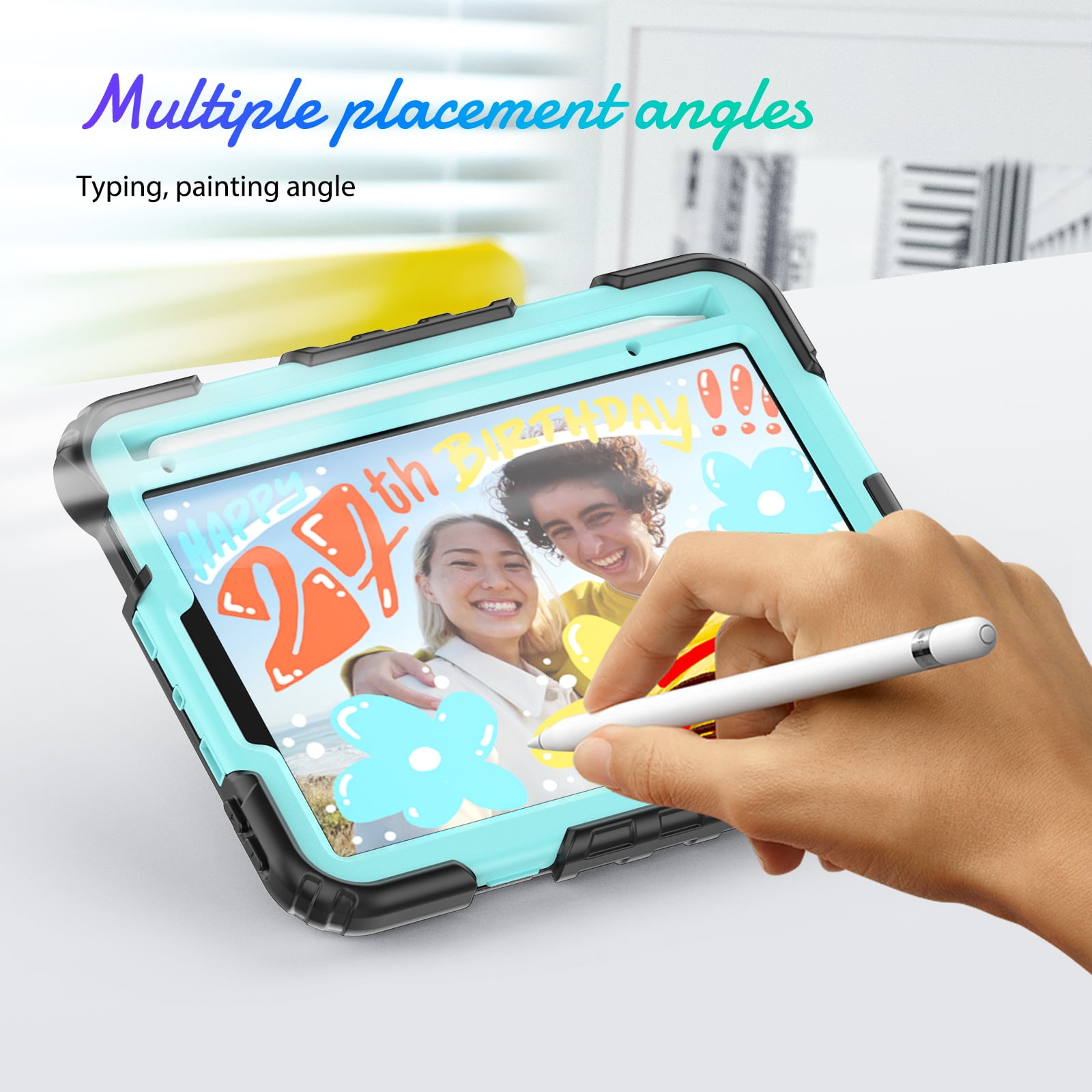 Shockproof Case for Apple iPad mini 6 /7 8.3" with Build In Screen Protector, Rugged Rotating Stand Shoulder Strap Pencil Holder Kids Friendly Bumper Case for Apple iPad mini 6/ Mini 7, Mint+Black