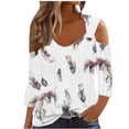 thumbnail image 2 of Jsaierl 3/4 Sleeve Cold Shoulder Tops for Women Plus Size V Neck Shirts Trendy Print Petite Hollow Out Blouses Going Out Holiday T-shirts Top S-5XL, 2 of 5