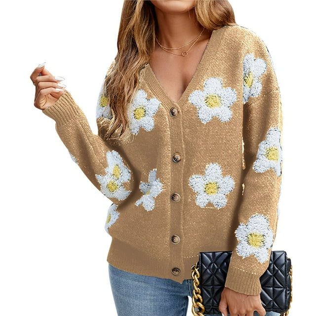 Cárdigan de Punto para Mujer con Estampado Floral, Larga, Abierto por Delante, con Botones y Cuello en V Color Camello S