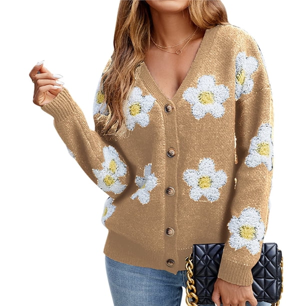Cárdigan de Punto para Mujer con Estampado Floral, Larga, Abierto por Delante, con Botones y Cuello en V Color Camello S