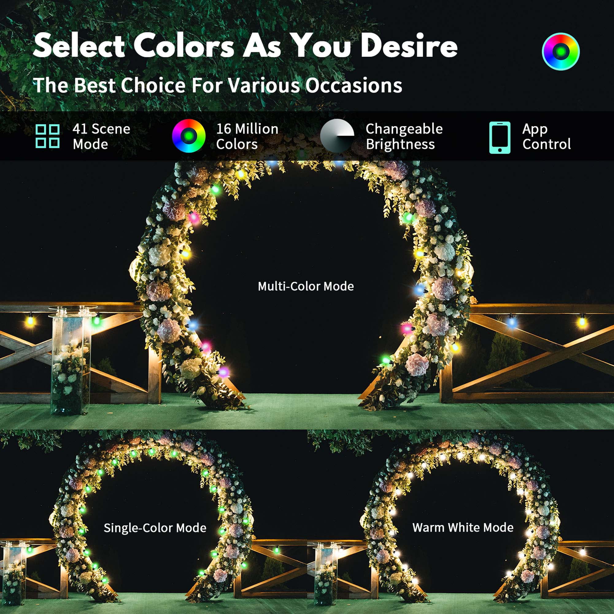 48ft Outdoor String Lights, Color Changing RGB & Warm White LED, App & Remote Control, Music Sync, Weatherproof Patio Lights for Garden, Porch & Backyard Decor