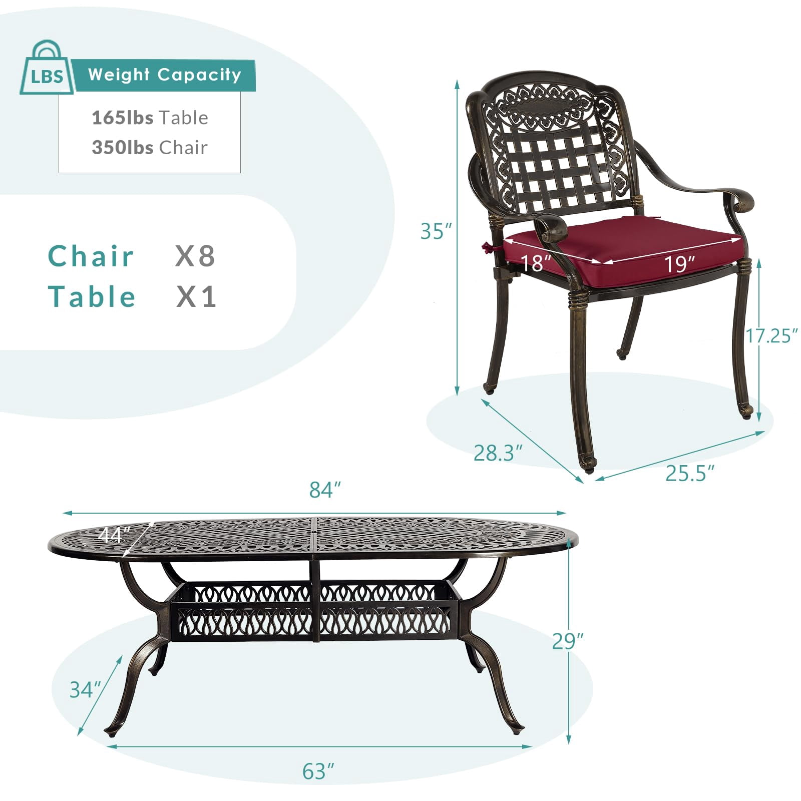 MEETWARM 9-Piece Outdoor Furniture Dining Set, All Weather Cast Aluminum Patio Garden Set with 8 Chairs, 8 Cushions, 1 Oval Table, 2.2" Umbrella Hole, Dark Bronze, Chili Red