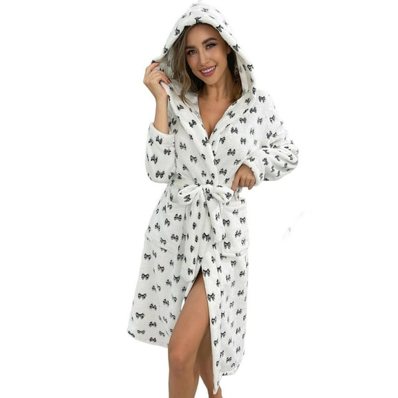XIAONU Women's Fluffy Robe Set Bow Roomy Hooded Long Sleeve Sleepwear Snug Charming Loungewear Nightwear