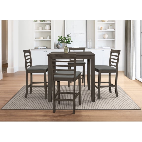Home Design Posey 5-Piece Counter Set, Taupe/Gray, Square table, Slat-back cushioned chairs, Comfortable seating, Sturdy legs, Modern minimalist style, Space-saving