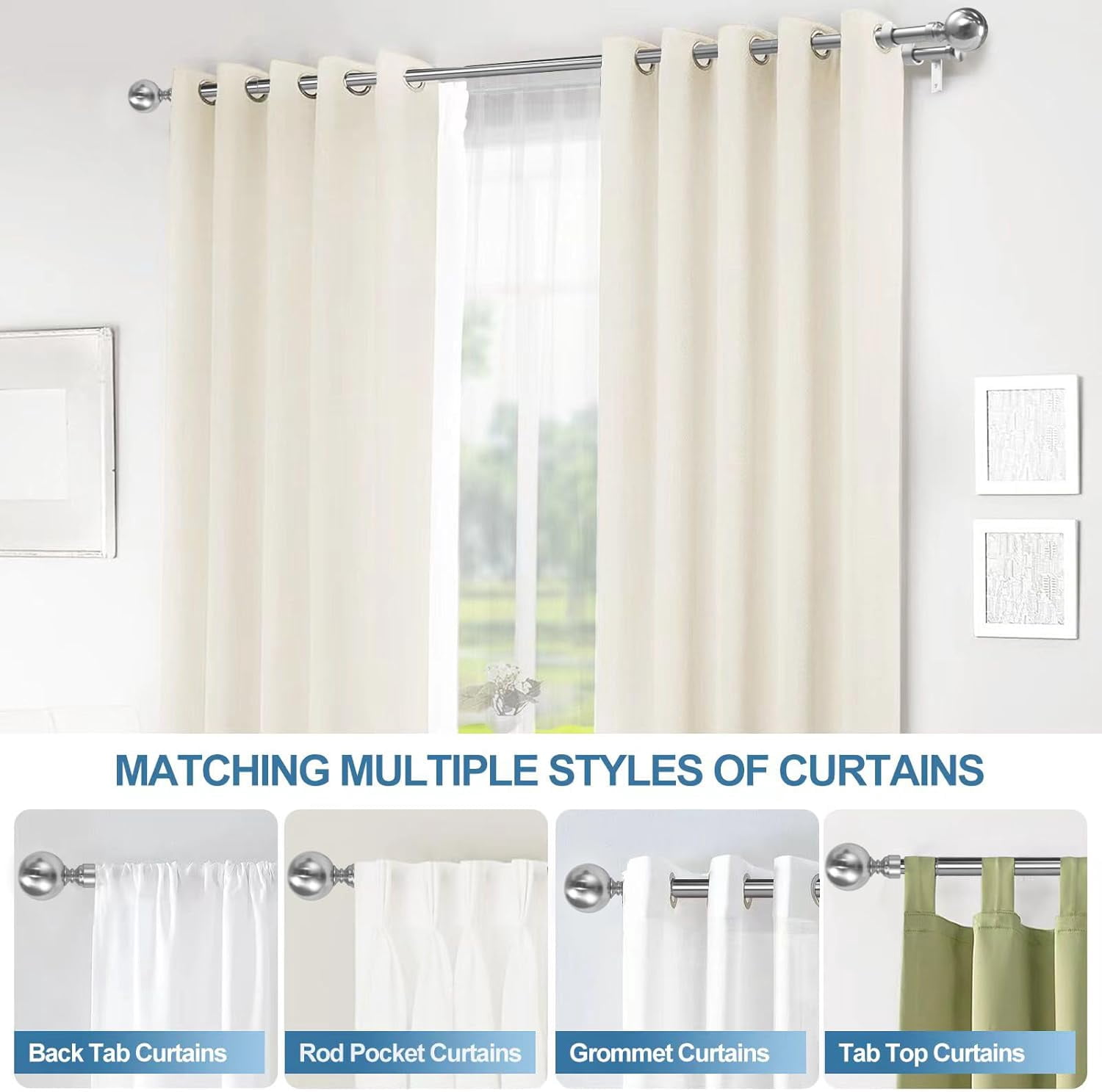 Urbanest Adjustable Double Curtain Rod Set Steel Ball Flat Button Finials – 1″ Front & 5/8 Back Rod With Brushed Steel Rod, 84–120 Inches