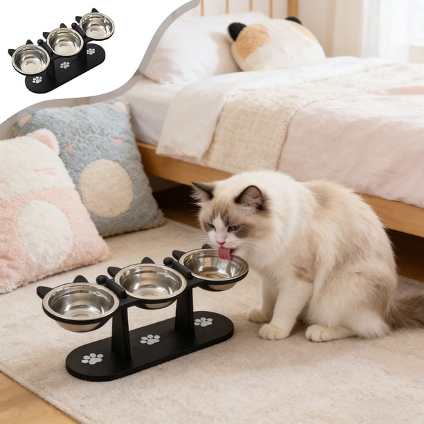 Soporte de madera para comederos de mascotas con cuencos inclinados: comedero elevado para gatos y perros, base de madera maciza antideslizante para una fácil limpieza.