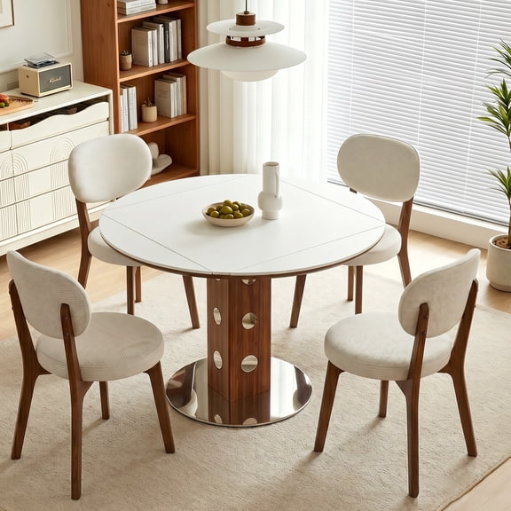 47 inch Round Dining Table Set for 4, Extendable Sintered Stone Table Top and Solid Wood Kitchen Chairs Sets of 4, Mid Century Modern Dining Room Table Set