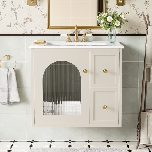 24" Bathroom Vanity Set Wall Mounted for Small Space, Bathroom Cabinet with Ceramic Sink, 2 Drawers and 1 Soft-Close Door