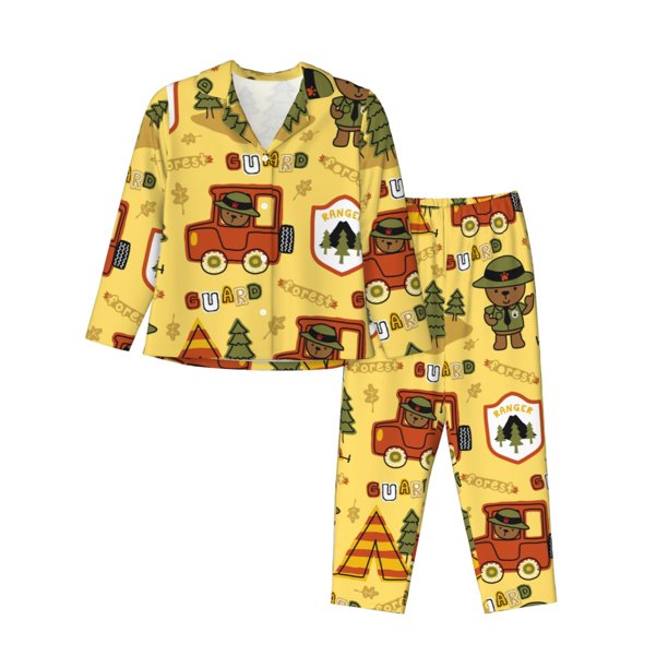 Balery Forest Guard Conjunto de Pijama con Estampado para Mujer, Conjunto de Dos Piezas con Manga Larga, Ropa de Dormir Suave con Bolsillos, Pijamas Cómodos-Medium