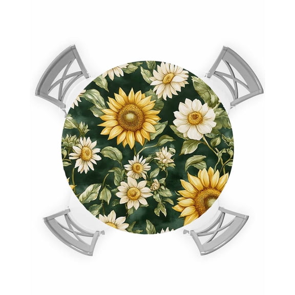 nqOlkjepod Summer Sunflower Round Tablecloth, Fitted Table Cover with Elastic for 55"-60" Round Tables, Spring Floral Botanical Watercolor Table Cloth Outdoor Dinning Party Waterproof Tablecloths