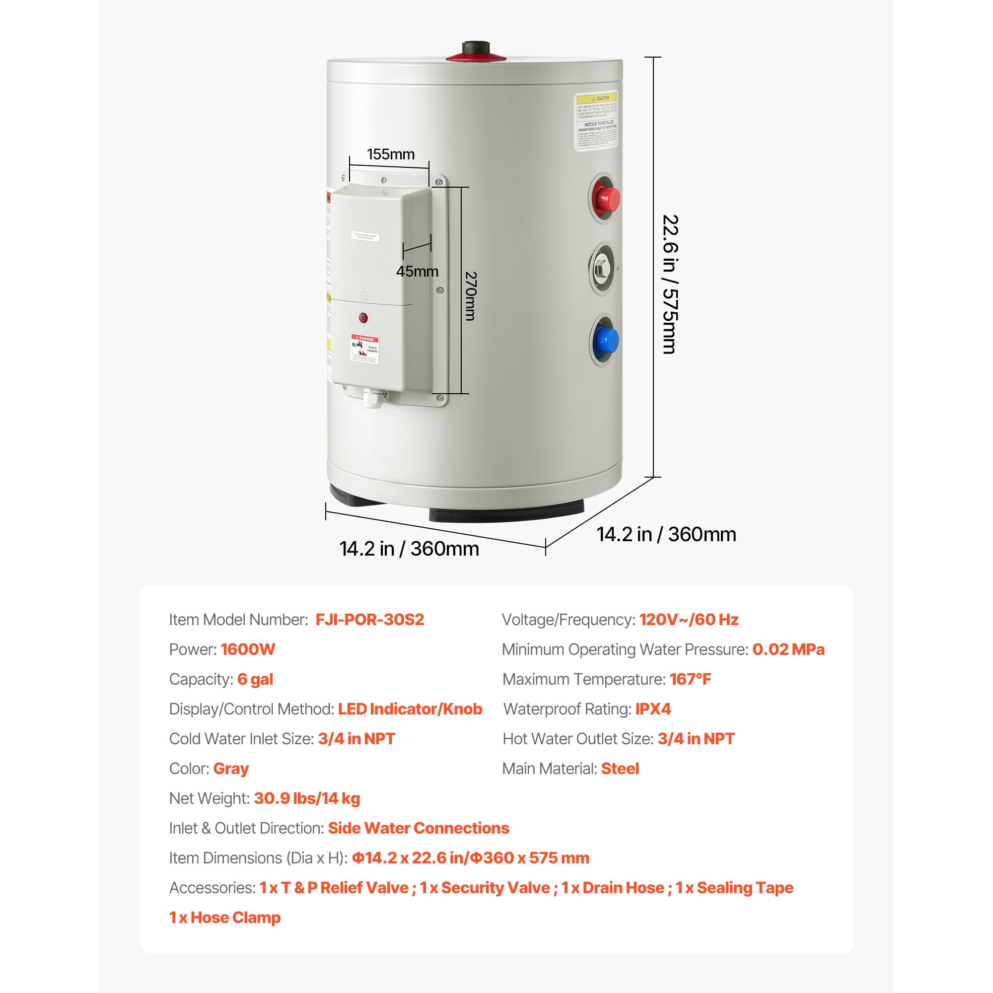 KFFKFF 6 Gallon Electric Tank Water Heater, 1600W Point-of-Use Hot Water System with LED heating indicator, Knob Control, Top Outlet, 120V Storage Design with T&P Valve for Small Spaces, RVs, Gray