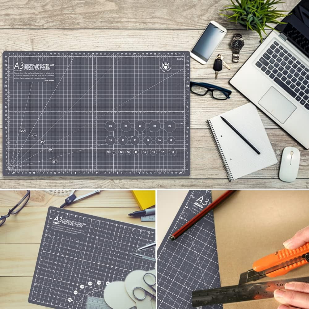 Headley Tools Thickened 24 x 36 Inch Self Healing Sewing Cutting Mat, A1 Rotary Cutting Sewing Mat for Crafts, Double Sided 5-Ply Table Cutting Board for Fabric Quilting Leather Hobby, Grey/Black